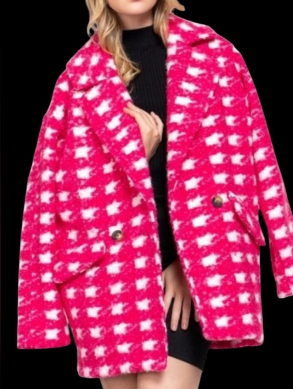 Pink Check Houndstooth Peacoat